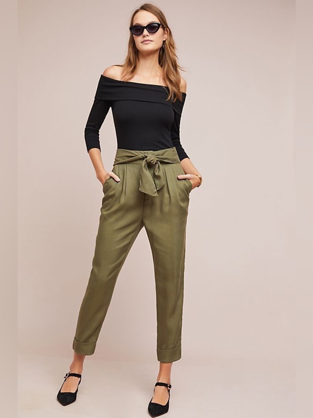 Anthropologie Cartonnier Kingsley Green Moss Tie-Belt Paperbag Trousers Size 4